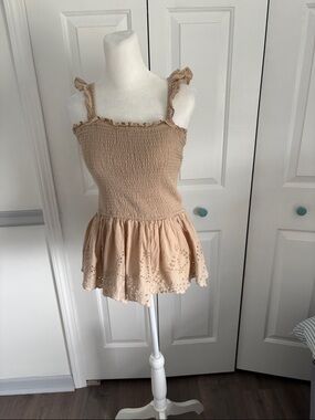 Beige Smocked Ruffle Strap Peplum Blouse